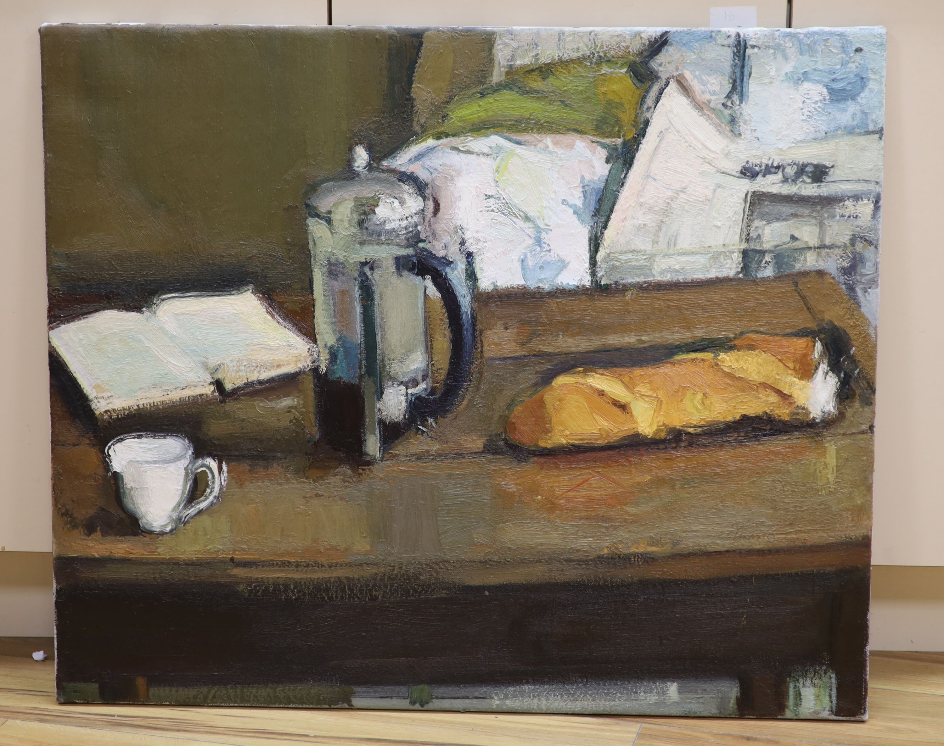 Nicholas Volley (1950-2006), oil on canvas, 'Coffee Pot and Newspapers', 76 x 92cm, unframed